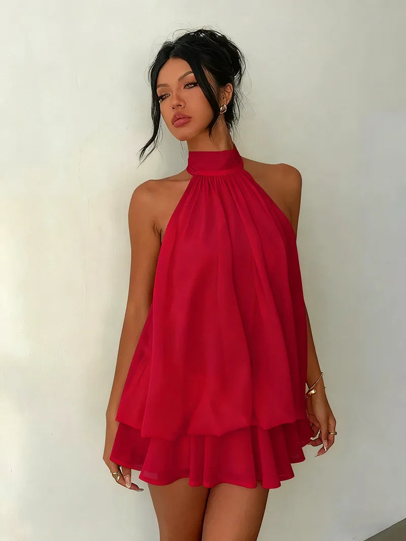 Lady Sexy Backless Halter Chiffon Mini Dress Women Chic Sleeveless Off-shoulder Pleated A-line Dresses New Summer Vacation Gowns