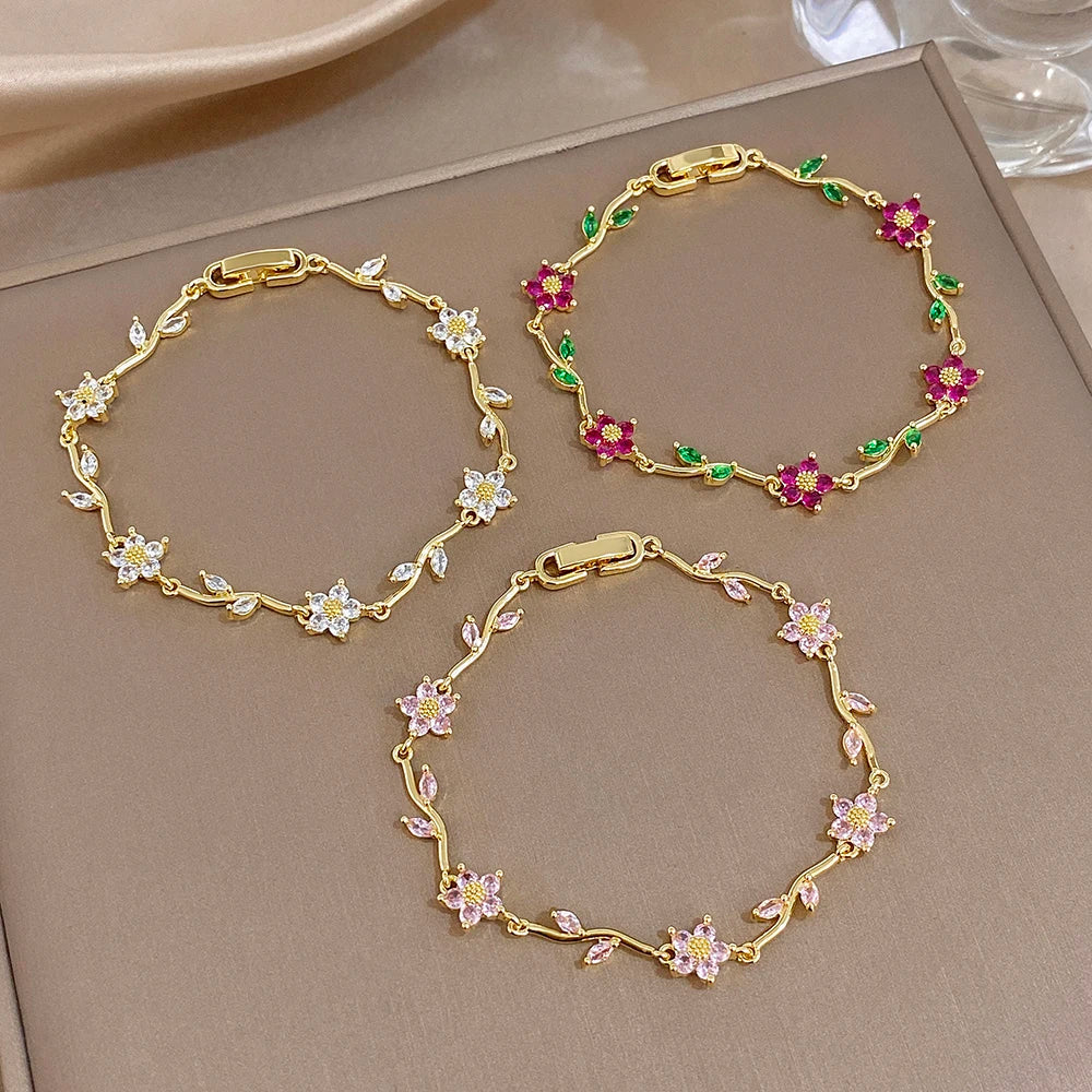 Greatera Tide Multiple Color Flower Rhinestone Branch Leaf Bracelet Dopamine Niche Sense Stainless Steel Women's Bangle Gifts