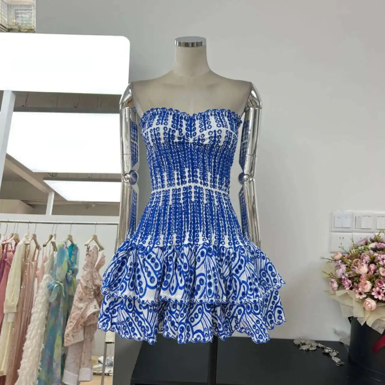 Luxury Embroidery Print Short Dresses Women 2025 Summer Holiday Stretchy Corset Bustier Ruffle Cake Dress Elegant Party Vestidos