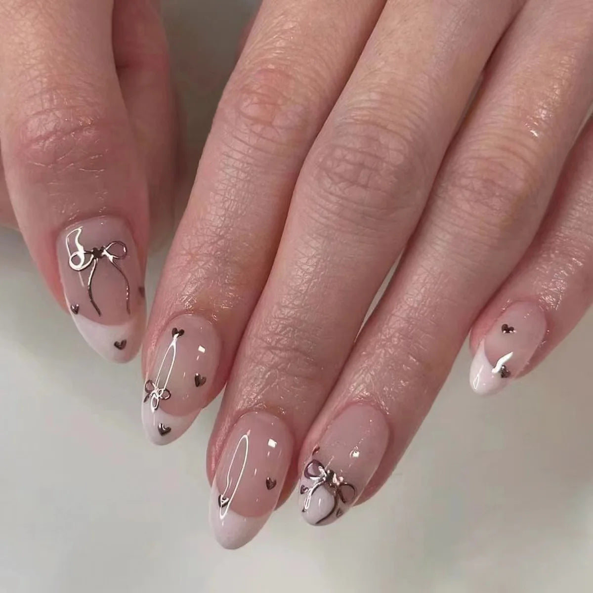 24Pcs Detachable Acrylic False Nails Press On Nail Cute Cherry French Almond Wearable Artificial Fake Nails Full Cover Nail Tips