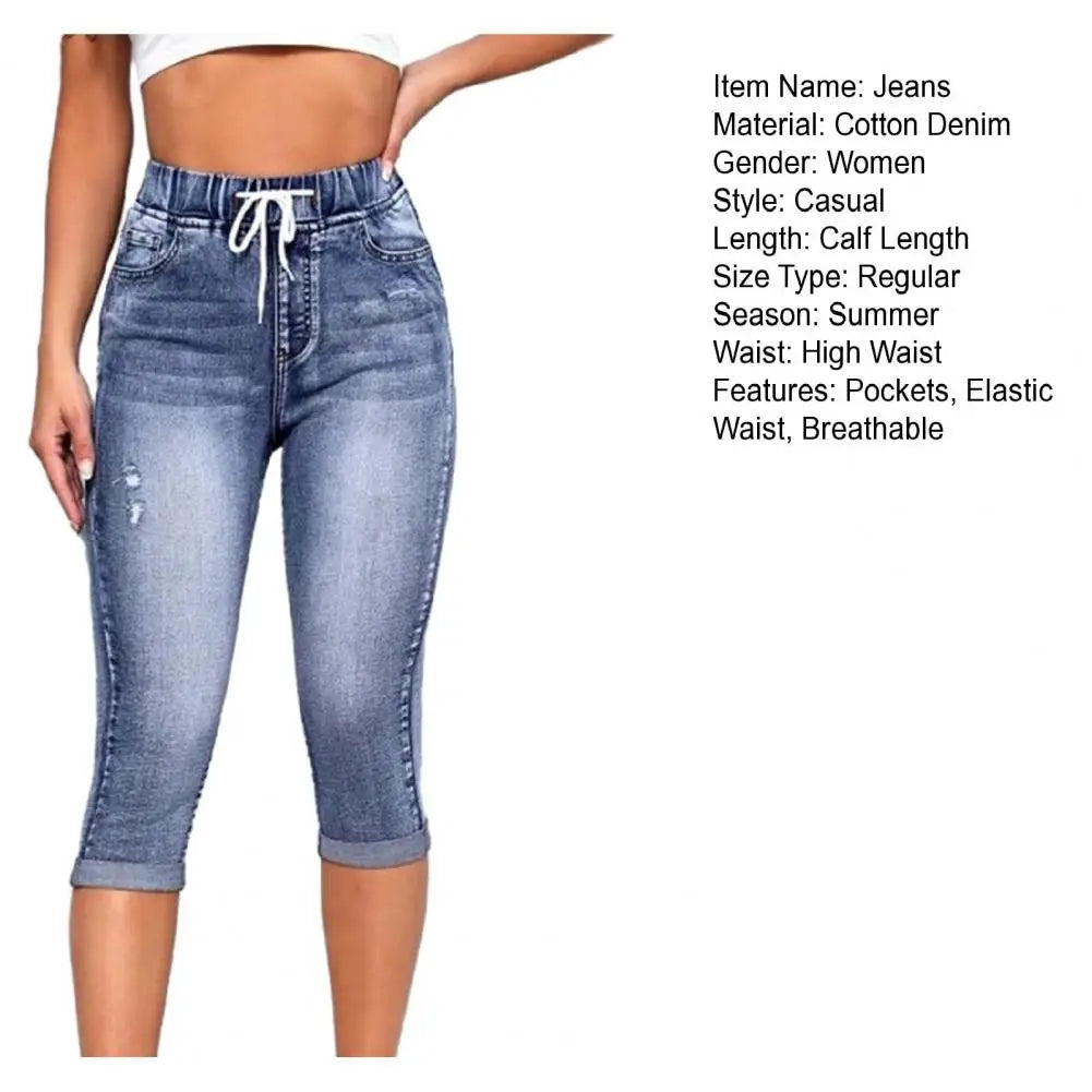 2024 High Waist Jeans Women Leggings Vintage Elastic High Waist Drawstring Pockets Denim Pants Calf Length Jeans Slim Fit Capris