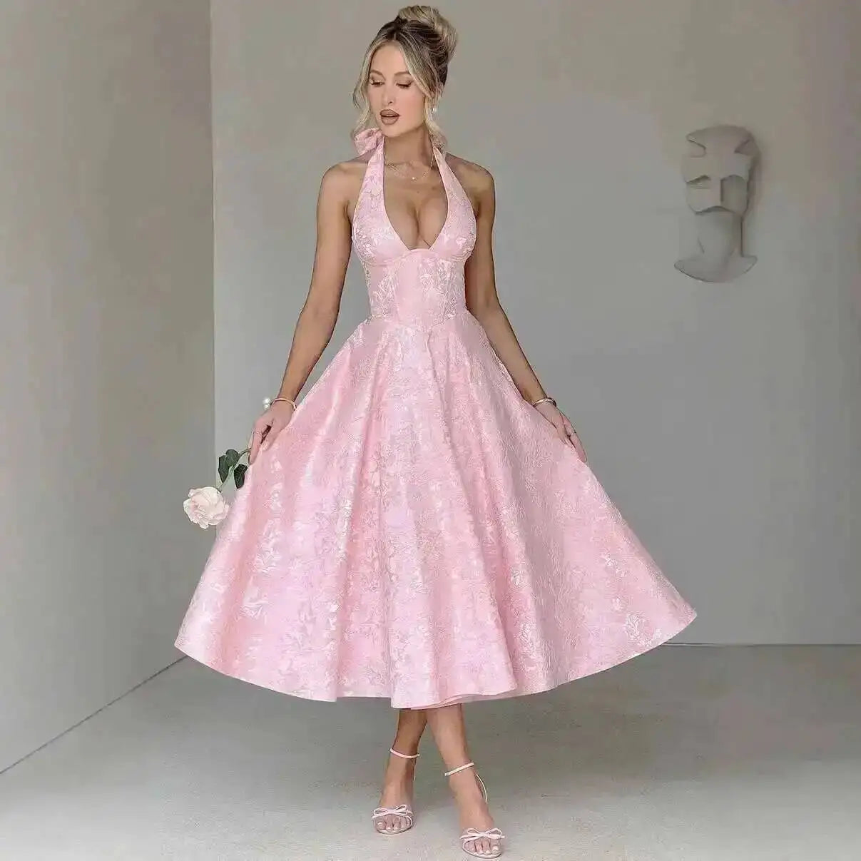 Giyu Club Evening Party Dresses Women 2025 Summer Sexy Bow Halter Long Dress Elegant Jacquard Lace Up Backless Birthday Robe