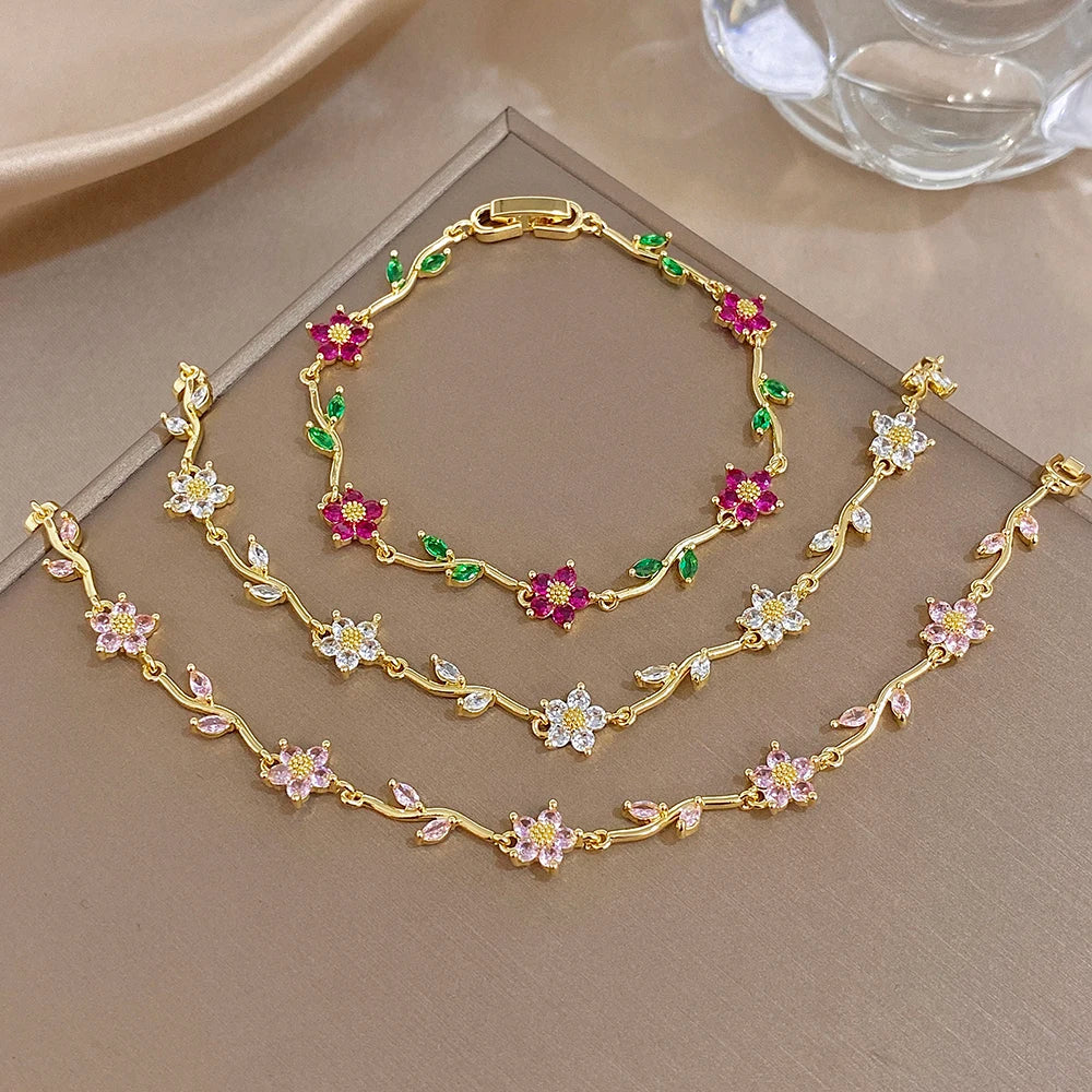 Greatera Tide Multiple Color Flower Rhinestone Branch Leaf Bracelet Dopamine Niche Sense Stainless Steel Women's Bangle Gifts