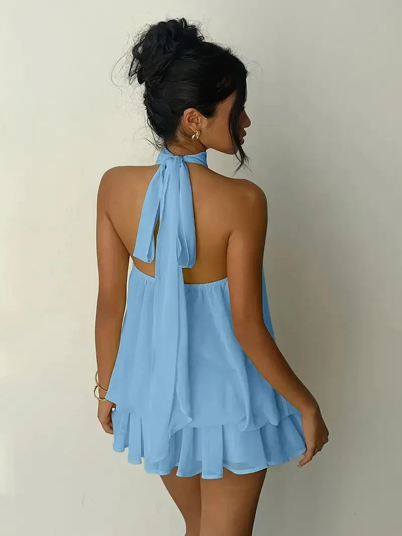 Lady Sexy Backless Halter Chiffon Mini Dress Women Chic Sleeveless Off-shoulder Pleated A-line Dresses New Summer Vacation Gowns