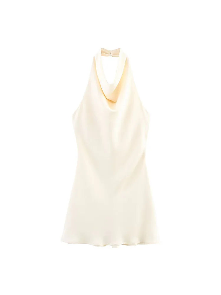 2026 Women Summer Halter Mini Dress Fashion Sexy Satin Backless Solid Female Elegant Street Party Dresses Clothing