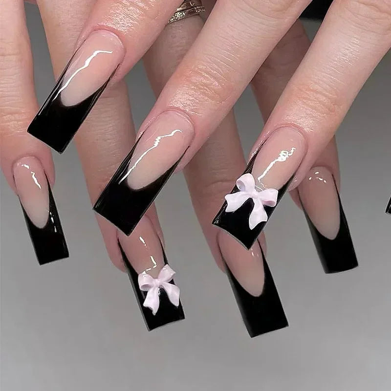 24pcs Press on Nails Short Almond Bowknot Black Press on Nails White Pearl Sweet French Tip Press on Nails Cute Nail Artificial
