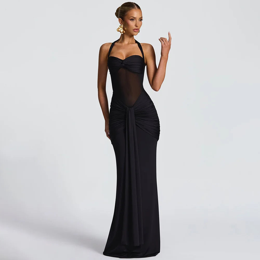 Giyu Sexy Evening Club Party Dresses 2025 Women Summer See Through Mesh Maxi Long Dress Bodycon Draped Ruched Mermaid Robe