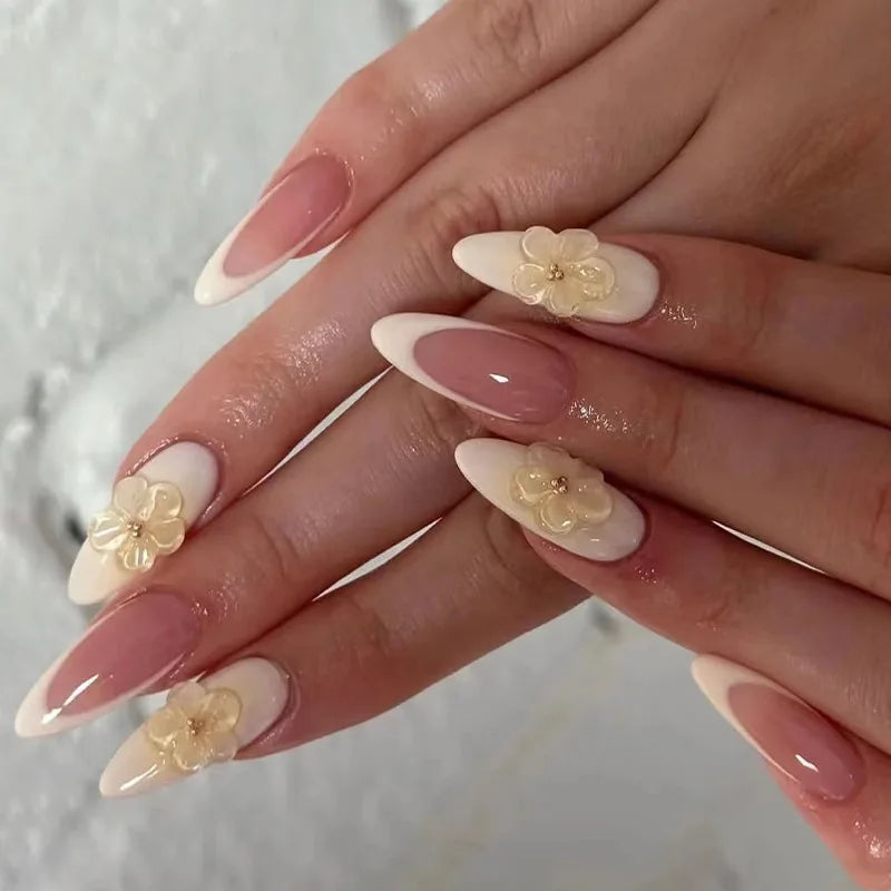 24Pcs Long 3D French Press on Fake Nails Blue Shell Design False Nails with White Pearl Wearable Almond Full Cover Nail Art Tips
