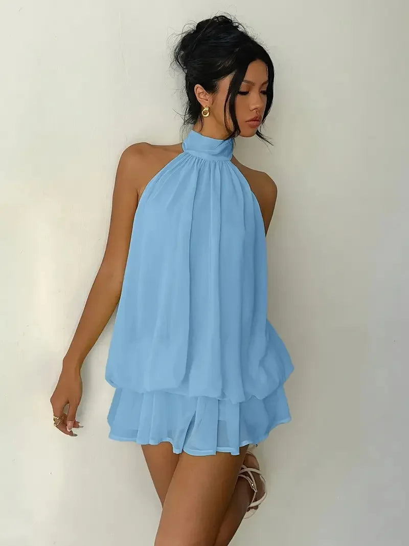 Lady Sexy Backless Halter Chiffon Mini Dress Women Chic Sleeveless Off-shoulder Pleated A-line Dresses New Summer Vacation Gowns