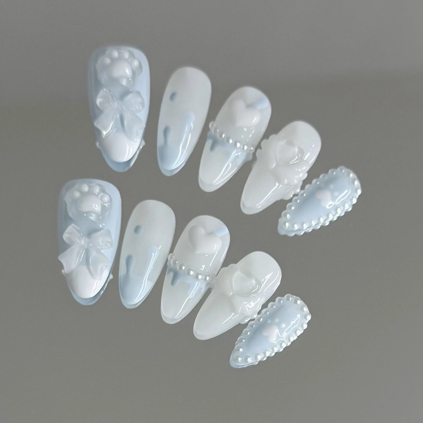 Handmade Press on Nails with Cute Bear Paw Design Light Blue Fake Nails Full Cover Wearable Sweet Korean Almond False Nail Tips