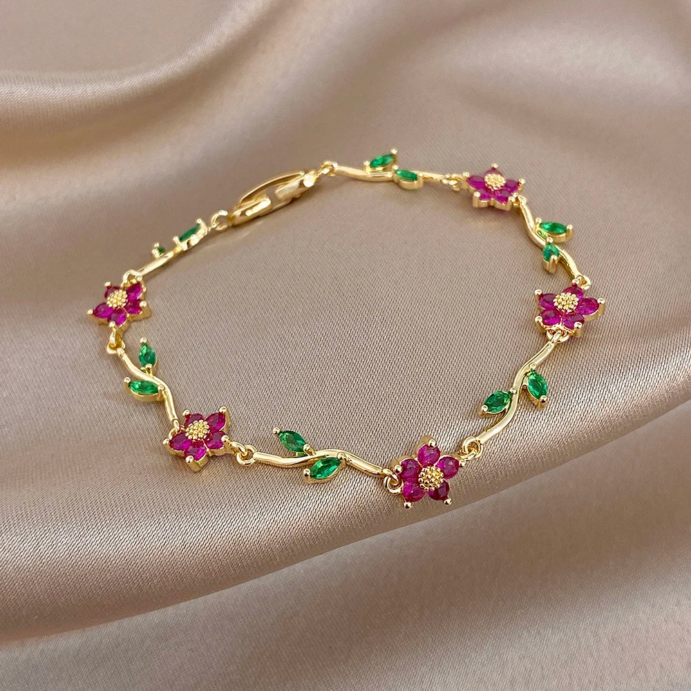 Greatera Tide Multiple Color Flower Rhinestone Branch Leaf Bracelet Dopamine Niche Sense Stainless Steel Women's Bangle Gifts