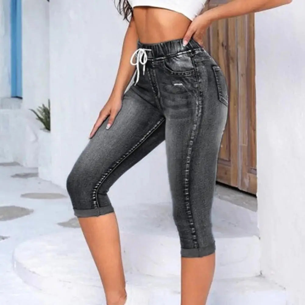 2024 High Waist Jeans Women Leggings Vintage Elastic High Waist Drawstring Pockets Denim Pants Calf Length Jeans Slim Fit Capris