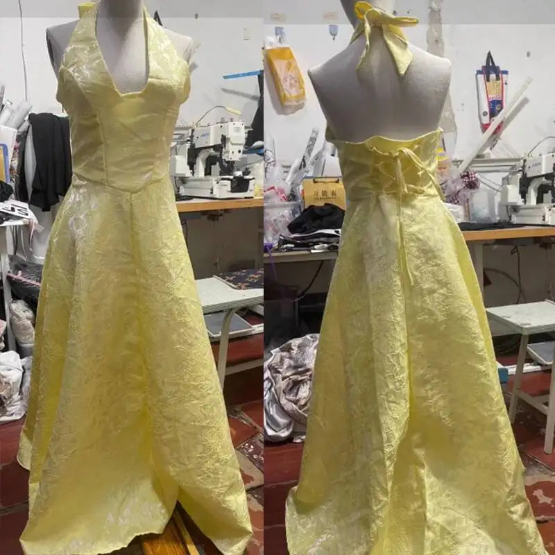 Giyu Club Evening Party Dresses Women 2025 Summer Sexy Bow Halter Long Dress Elegant Jacquard Lace Up Backless Birthday Robe