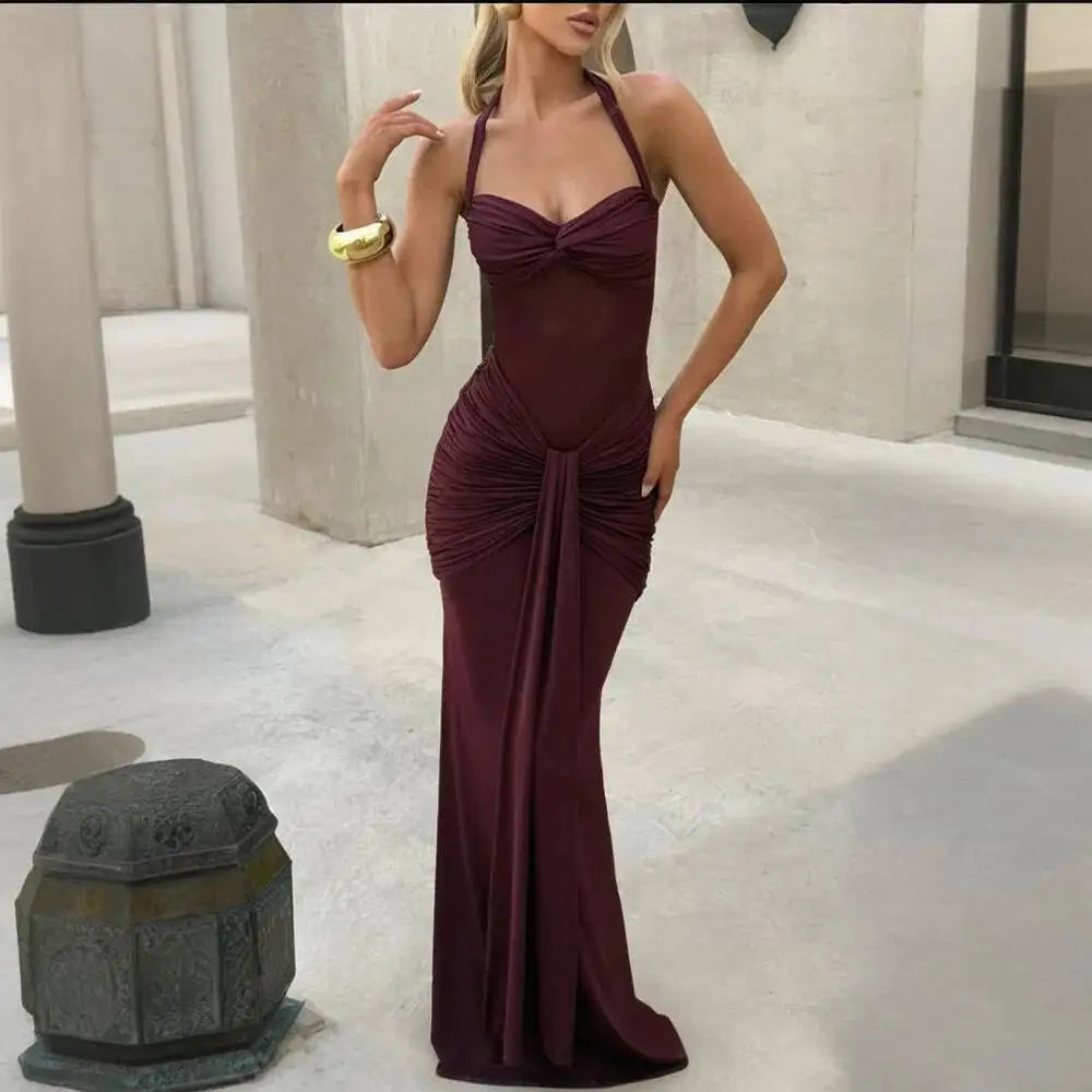 Giyu Sexy Evening Club Party Dresses 2025 Women Summer See Through Mesh Maxi Long Dress Bodycon Draped Ruched Mermaid Robe