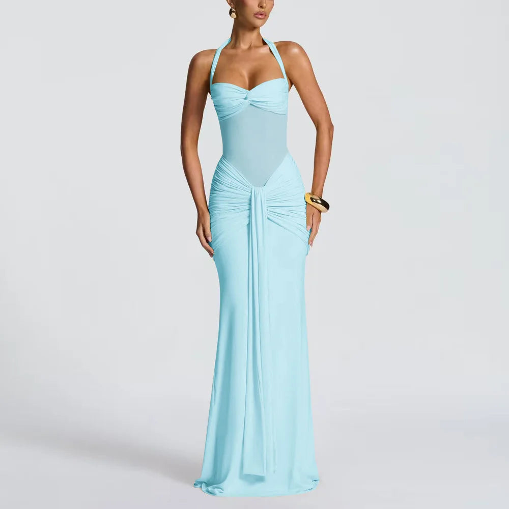 Giyu Sexy Evening Club Party Dresses 2025 Women Summer See Through Mesh Maxi Long Dress Bodycon Draped Ruched Mermaid Robe