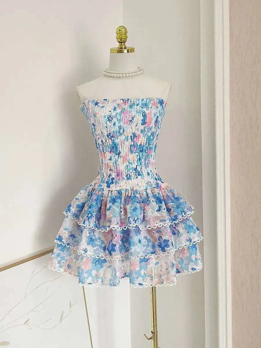 Luxury Embroidery Print Short Dresses Women 2025 Summer Holiday Stretchy Corset Bustier Ruffle Cake Dress Elegant Party Vestidos
