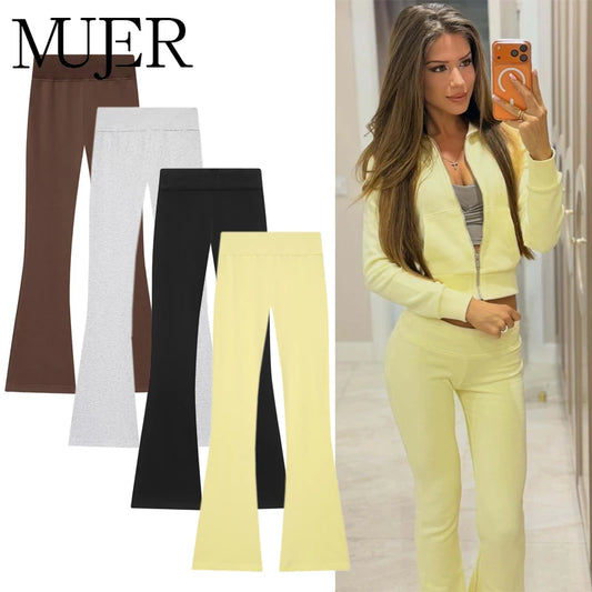 MUJER Sweatshirt Flared Trousers Womens Fleece High Waist Pants Woman Fashion Casual Women's Pants Sets Sports Pants for Women