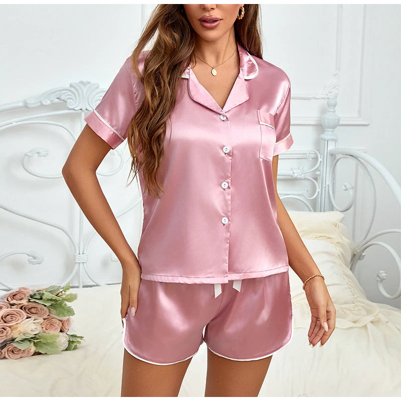 2026 Women Satin Pajamas Set 2-piece Pj Sets Sleepwear Loungewear Button-Down Pajama Women Pajamas Pijama Homewear Shorts Set